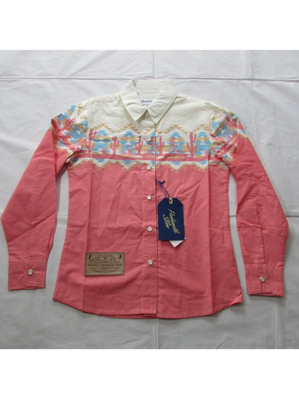 Panhandle Slim Girl's MD Long Sleeve Cactus Desert Border Print Snap Shirt Coral